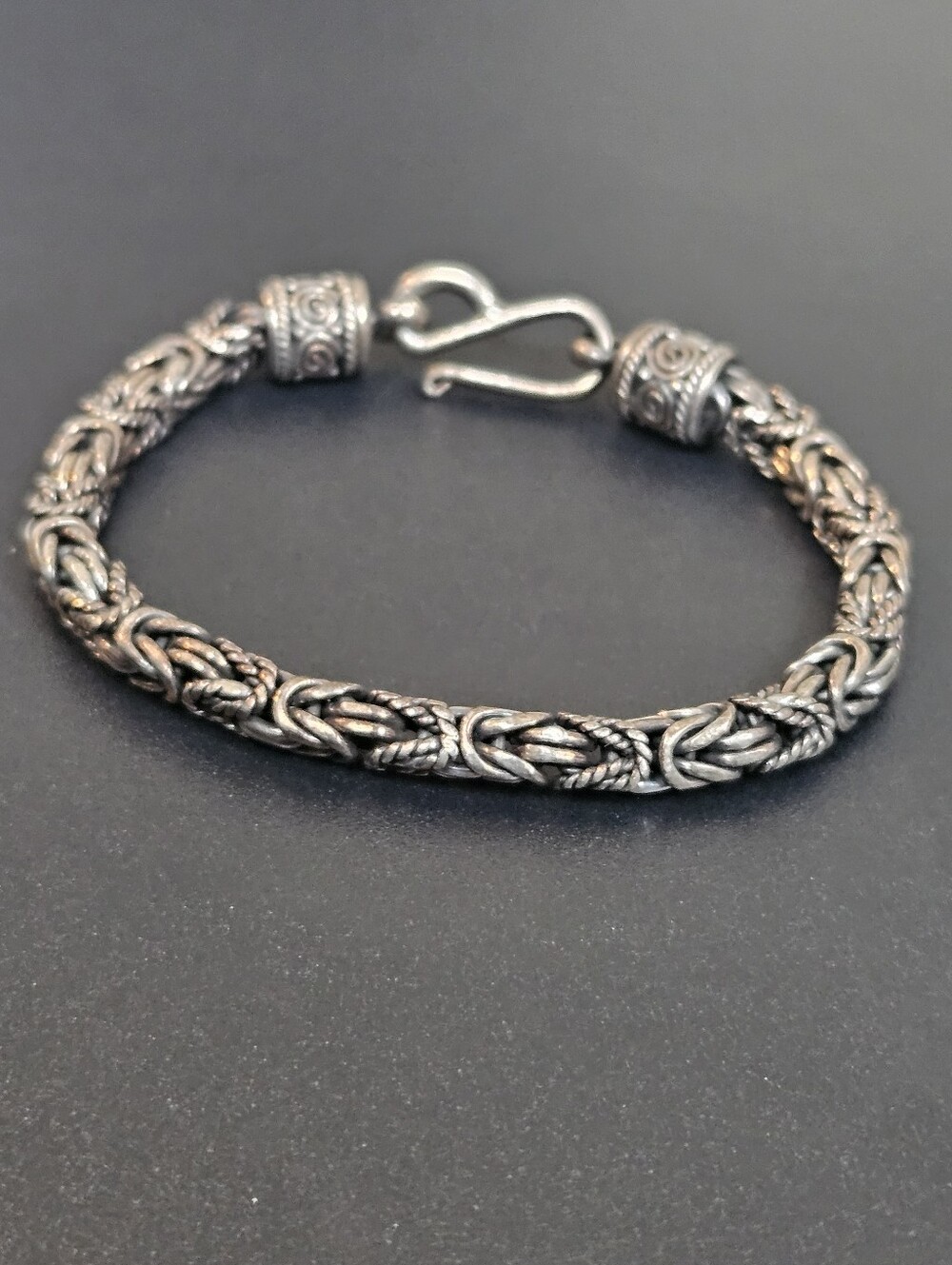 925 Indonesia Byzantine Sterling Silver Chain Bracelet Hook Clasp 7" 26 Grams